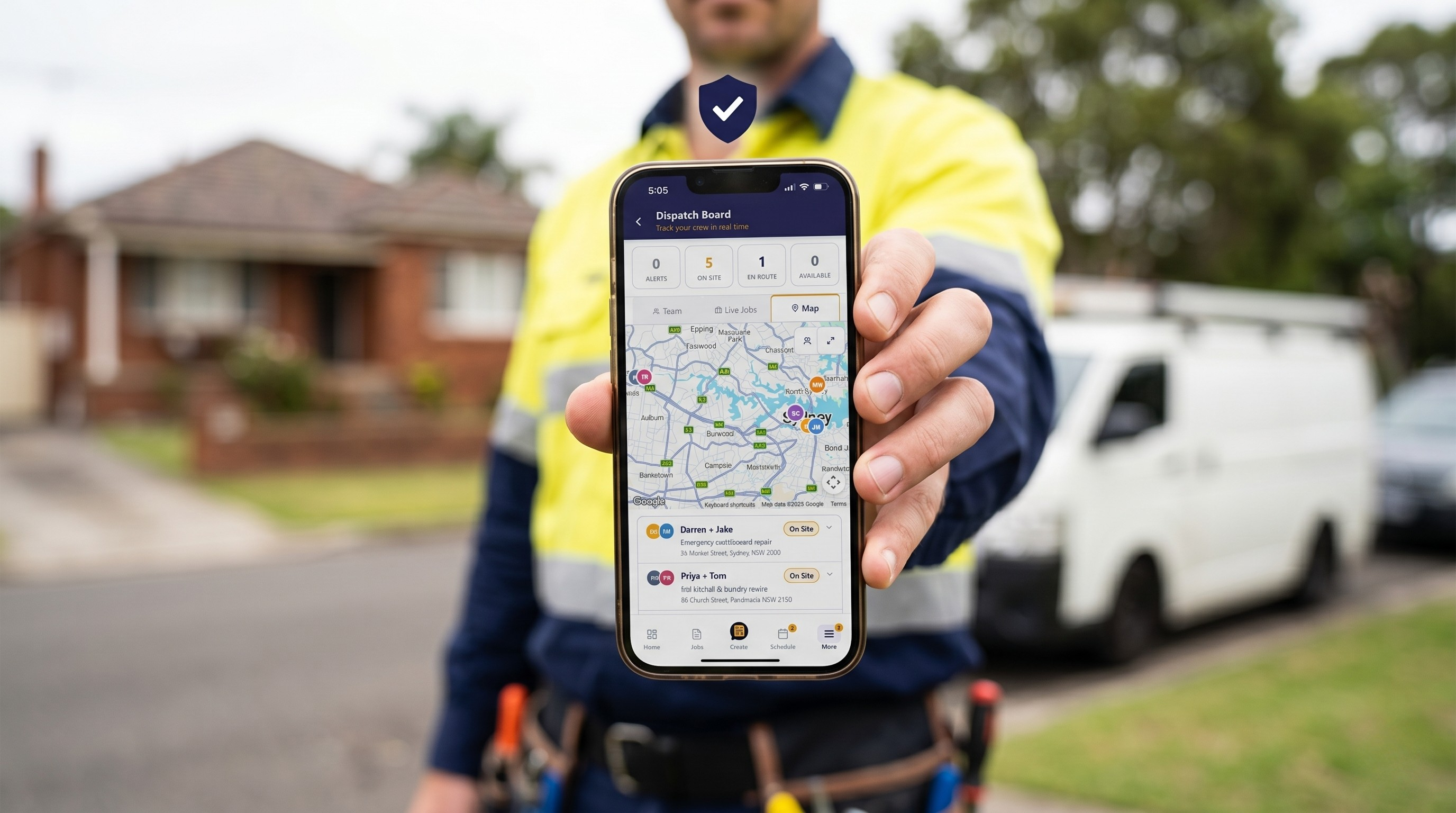 Australian tradie checking GPS dispatch board on phone showing crew locations across Sydney
