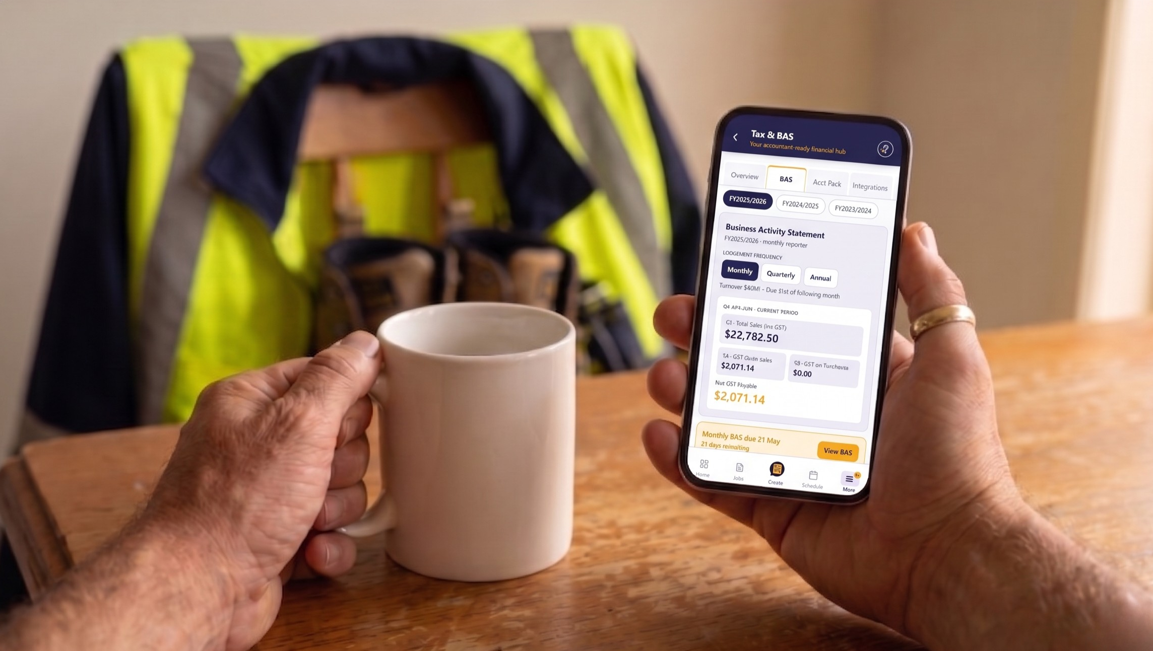 Australian tradie checking BAS and GST figures on the Talk2Quote Tax and BAS screen