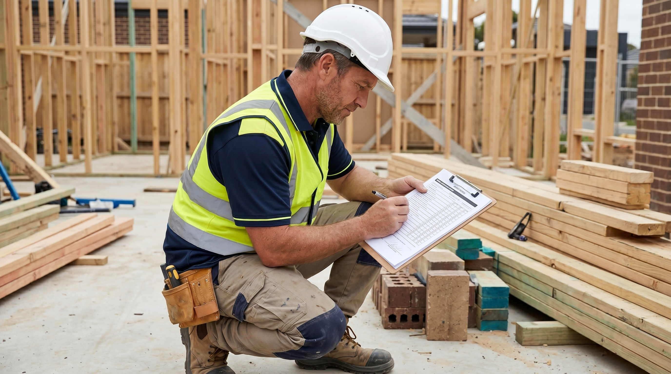 Australian tradie in hard hat completing a Safe Work Method Statement on a clipboard at a construction site