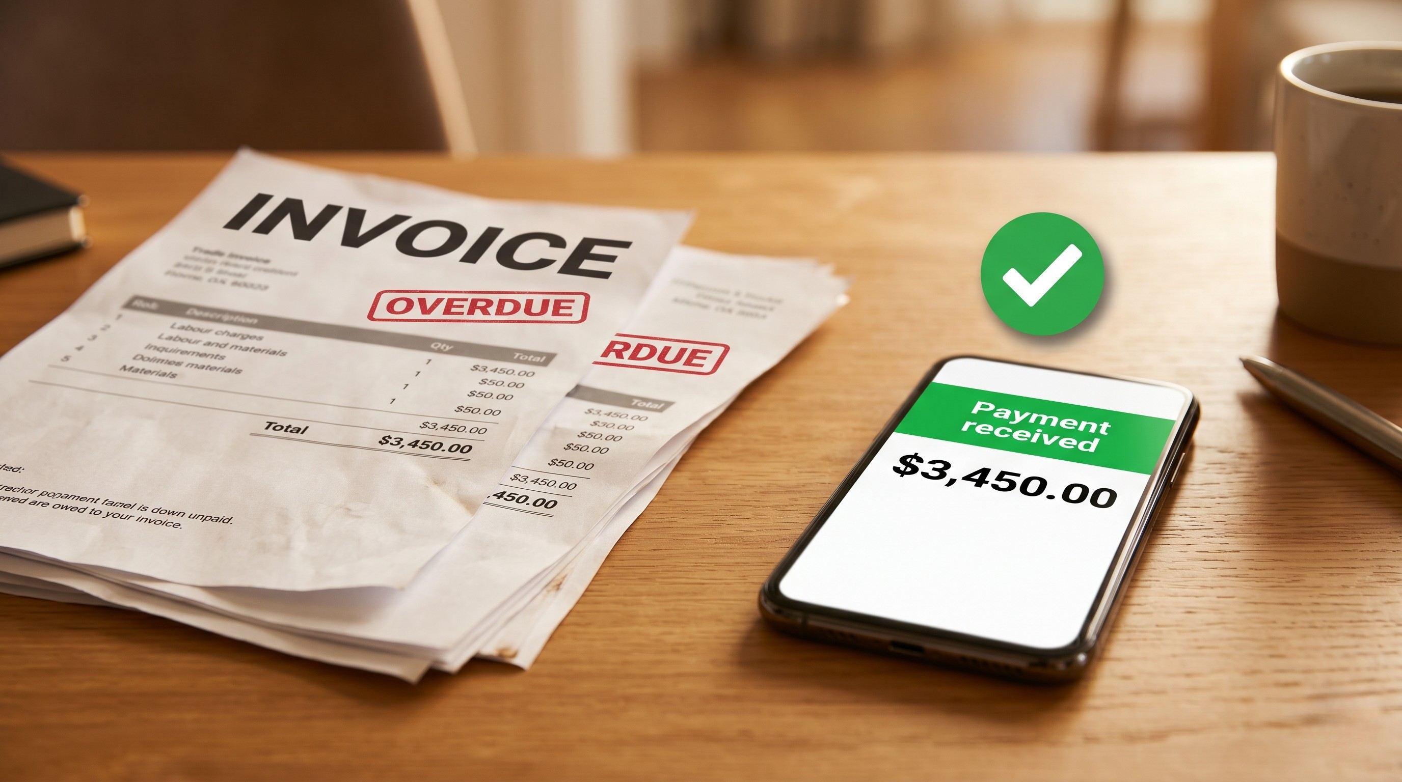 Overdue trade invoices on a desk next to a phone showing payment received notification