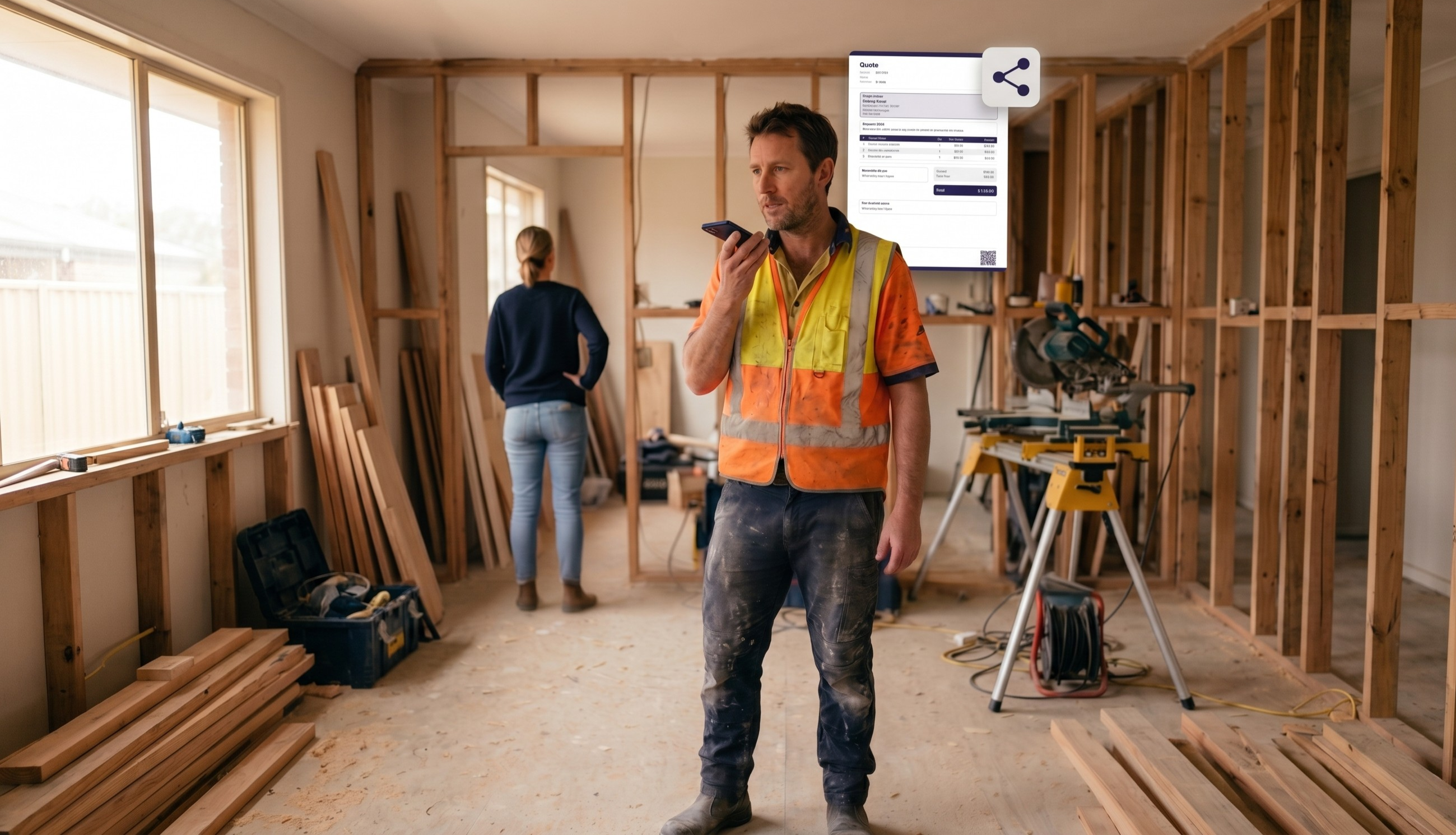 Australian tradie using voice quoting on his phone to create a trade quote on a job site